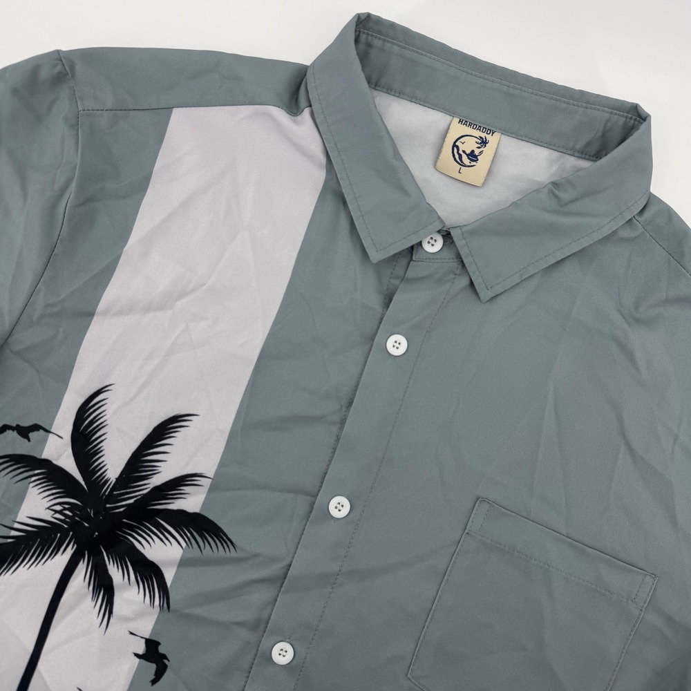 Hardaddy‎ Button Down Shirt Mens Large Gray Blue Palm Tree Tropical Short Sleeve